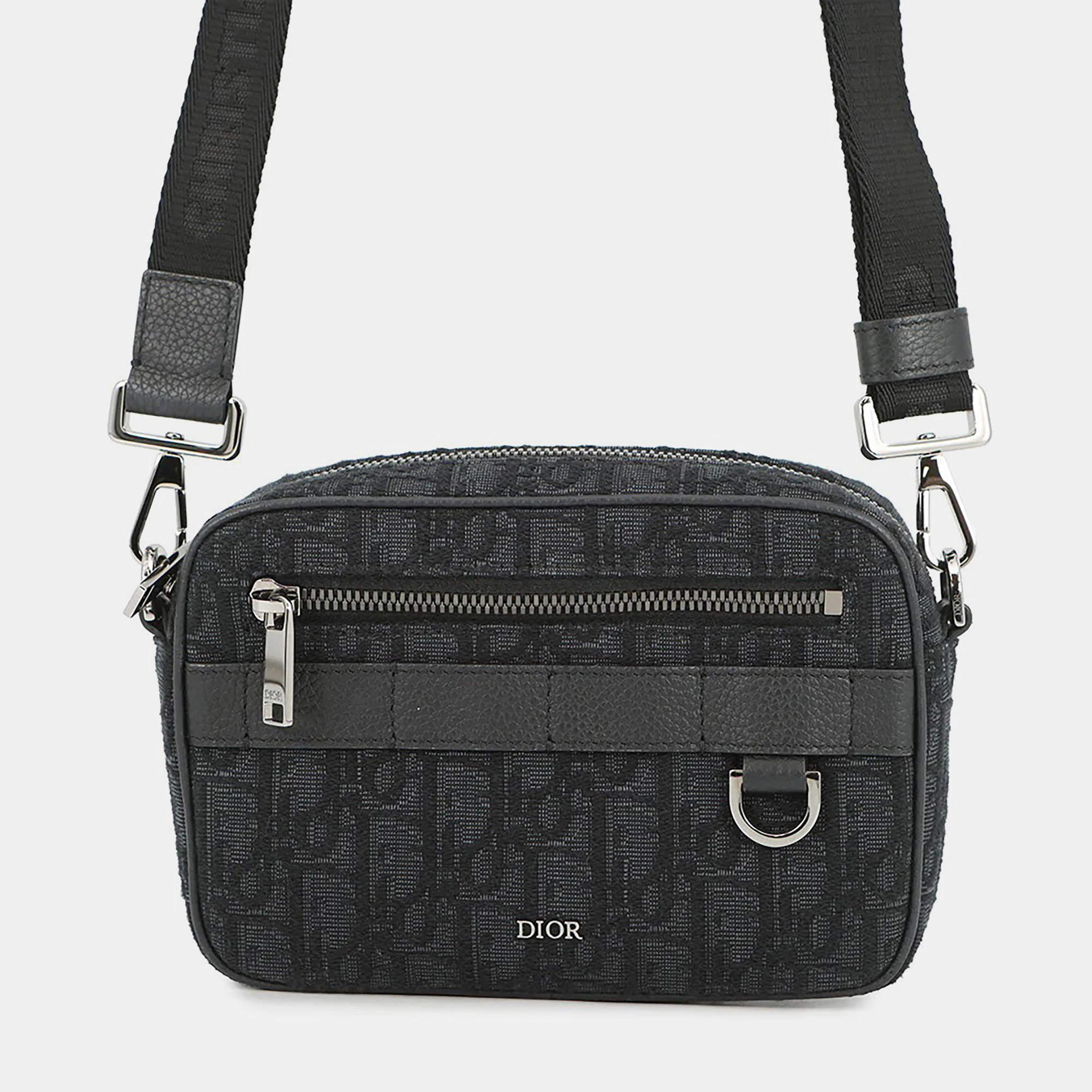 Pre Owned Dior Oblique Jacquard Safari Shoulder Bag Black Canvas Leather Size Mini