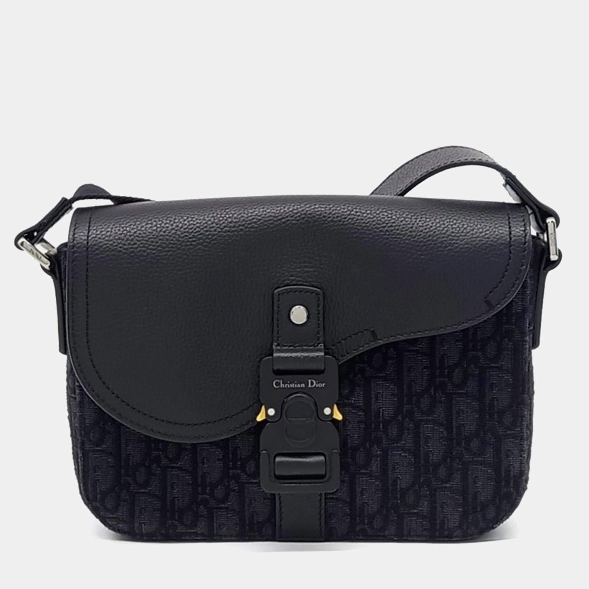 Pre Owned Dior Black Navy Blue Coated Canvas and Leather Oblique Saddle Messenger Bag