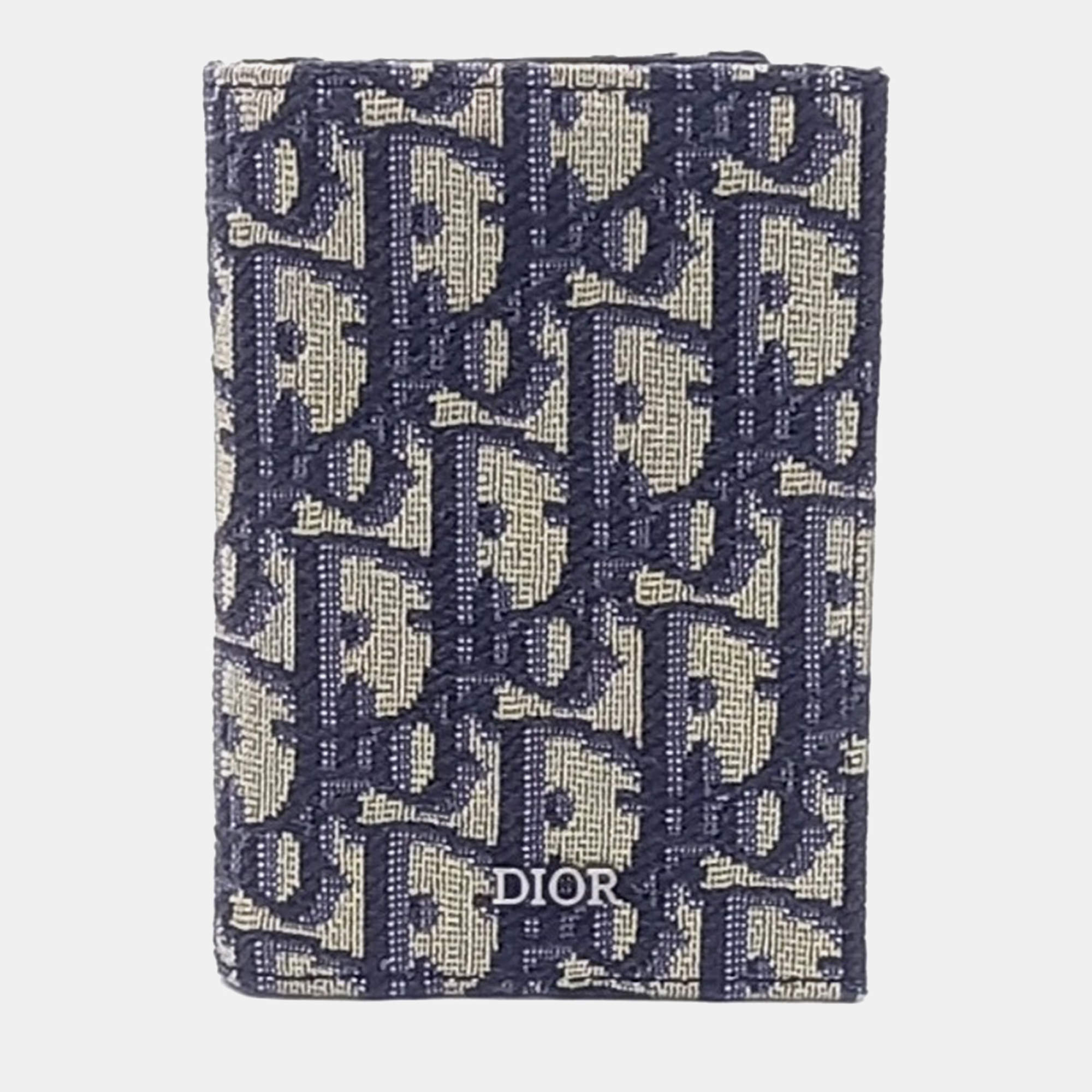 Pre Owned Dior Beige Navy Blue Fabric Homme Oblique Card Wallet