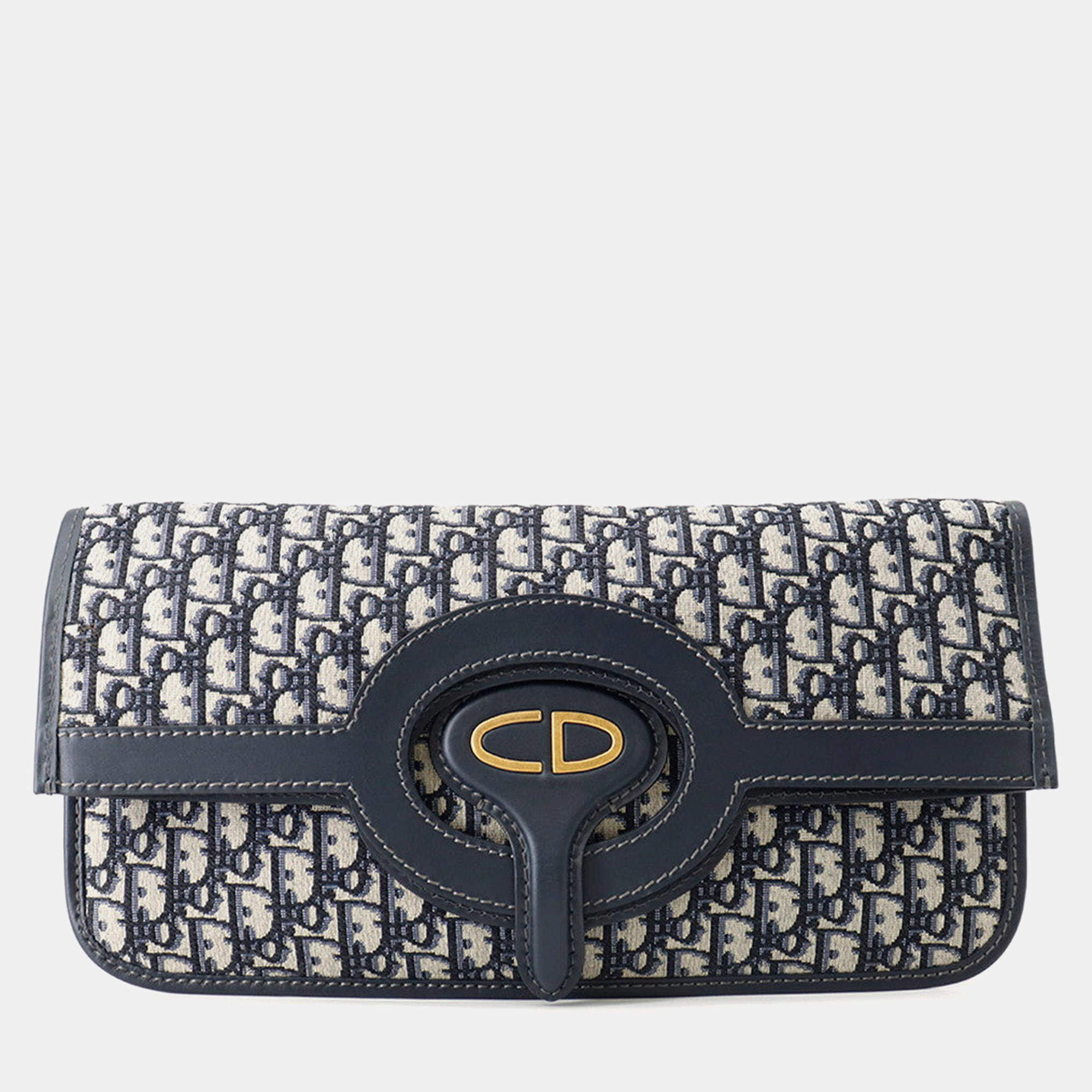 Pre Owned Dior Oblique Jacquard Fold-Over Clutch Beige/Navy Canvas Leather