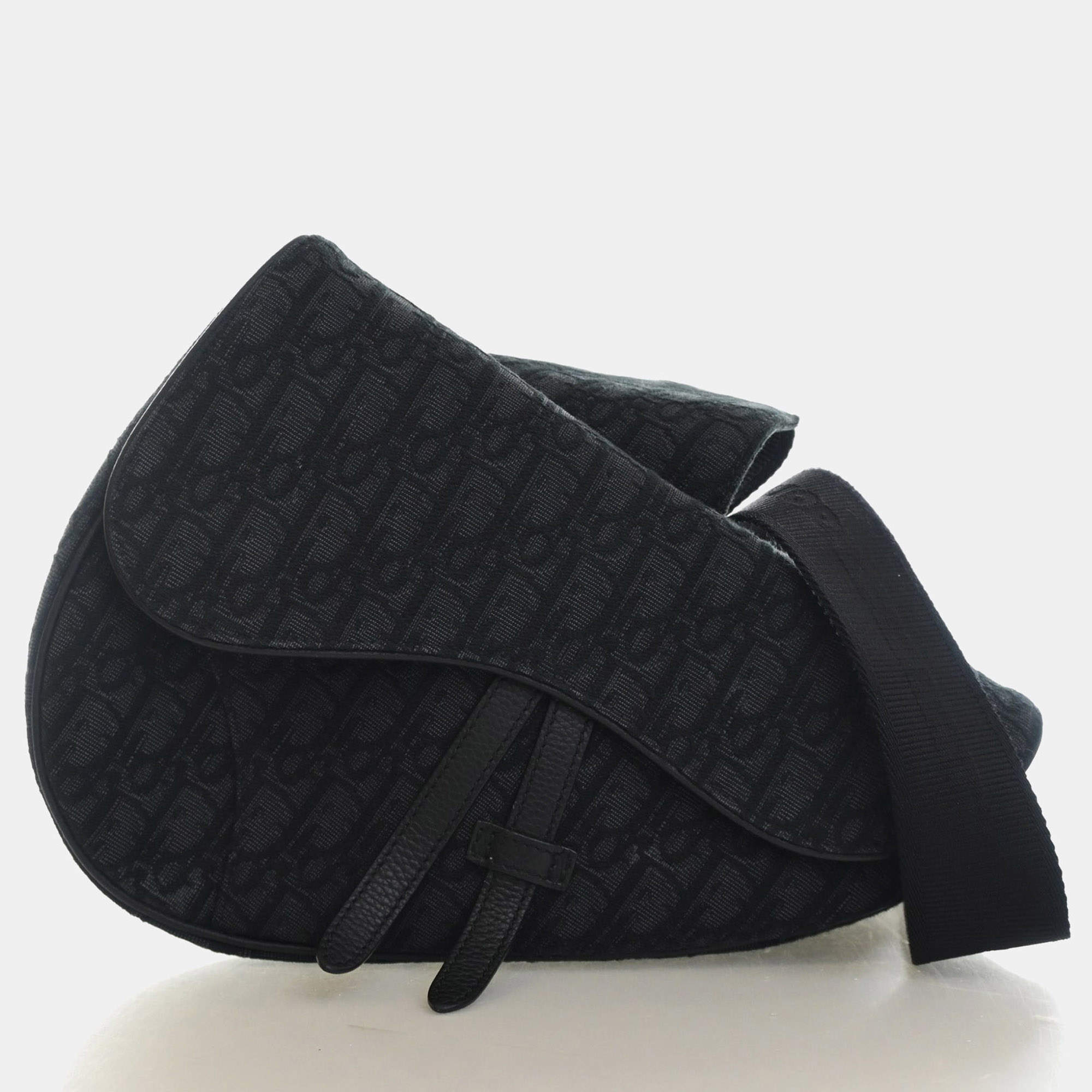 Pre Owned Christian Dior Oblique Saddle Black Canvas Jacquard Crossbody Bag