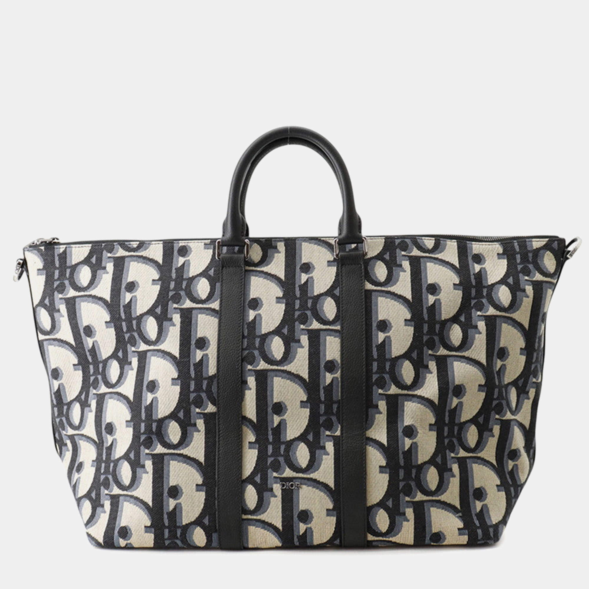 Pre Owned Dior Weekender 40 Navy Beige Oblique Canvas Leather Two Way Bag