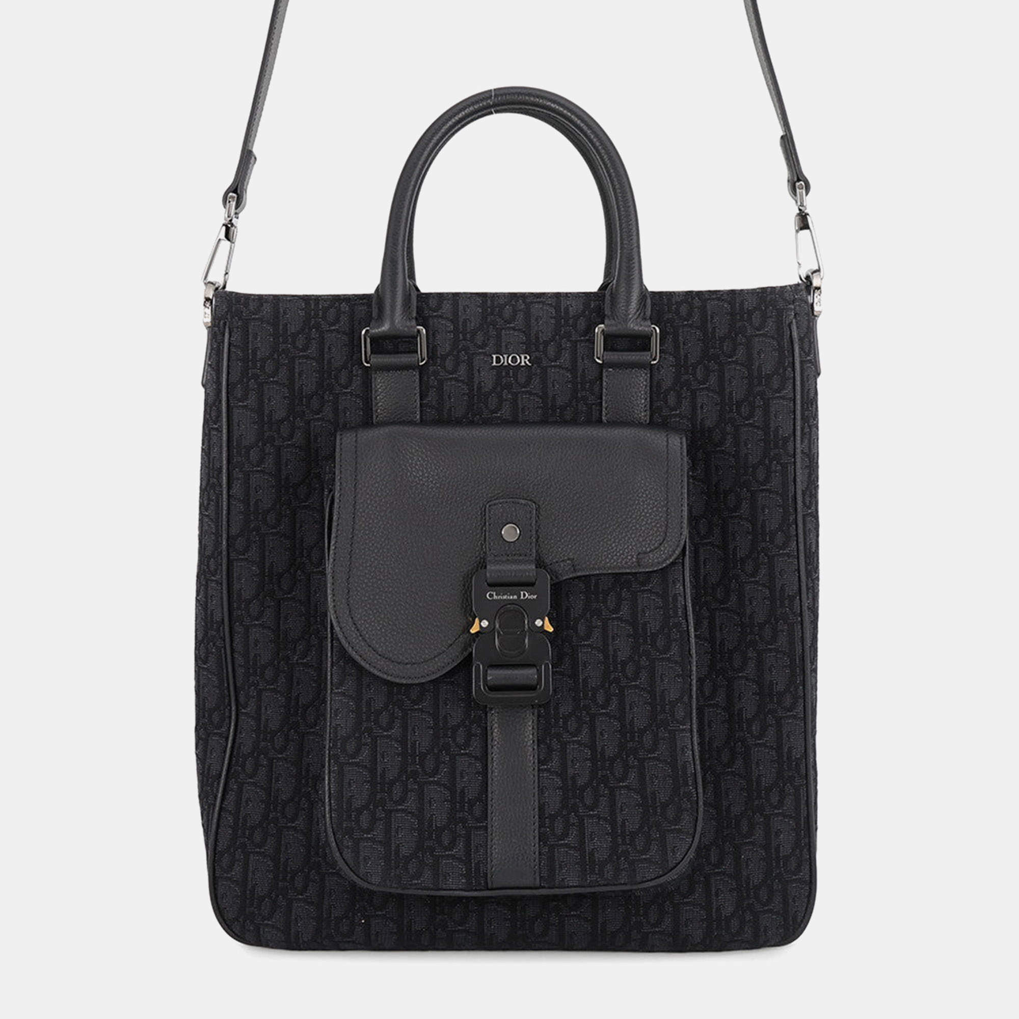 مملوكة مسبقًا Dior Saddle Tote Black Oblique Jacquard Canvas Leather Top Handle Bag