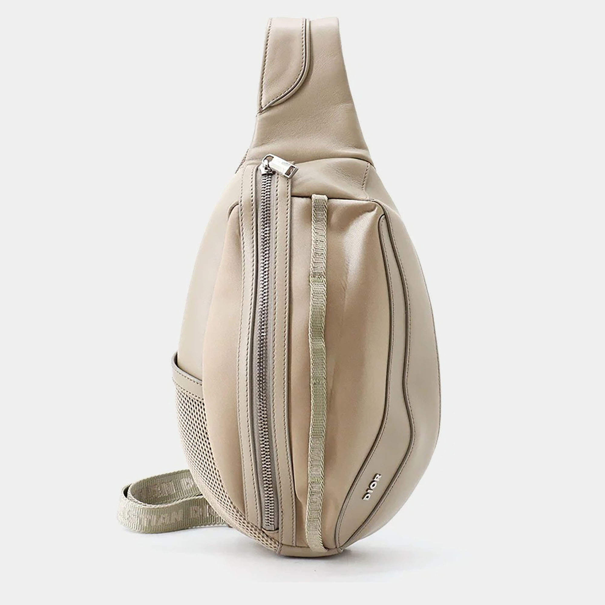 Pre Owned Dior Scabella Single Strap Bag Beige Leather Nylon Crossbody Bag