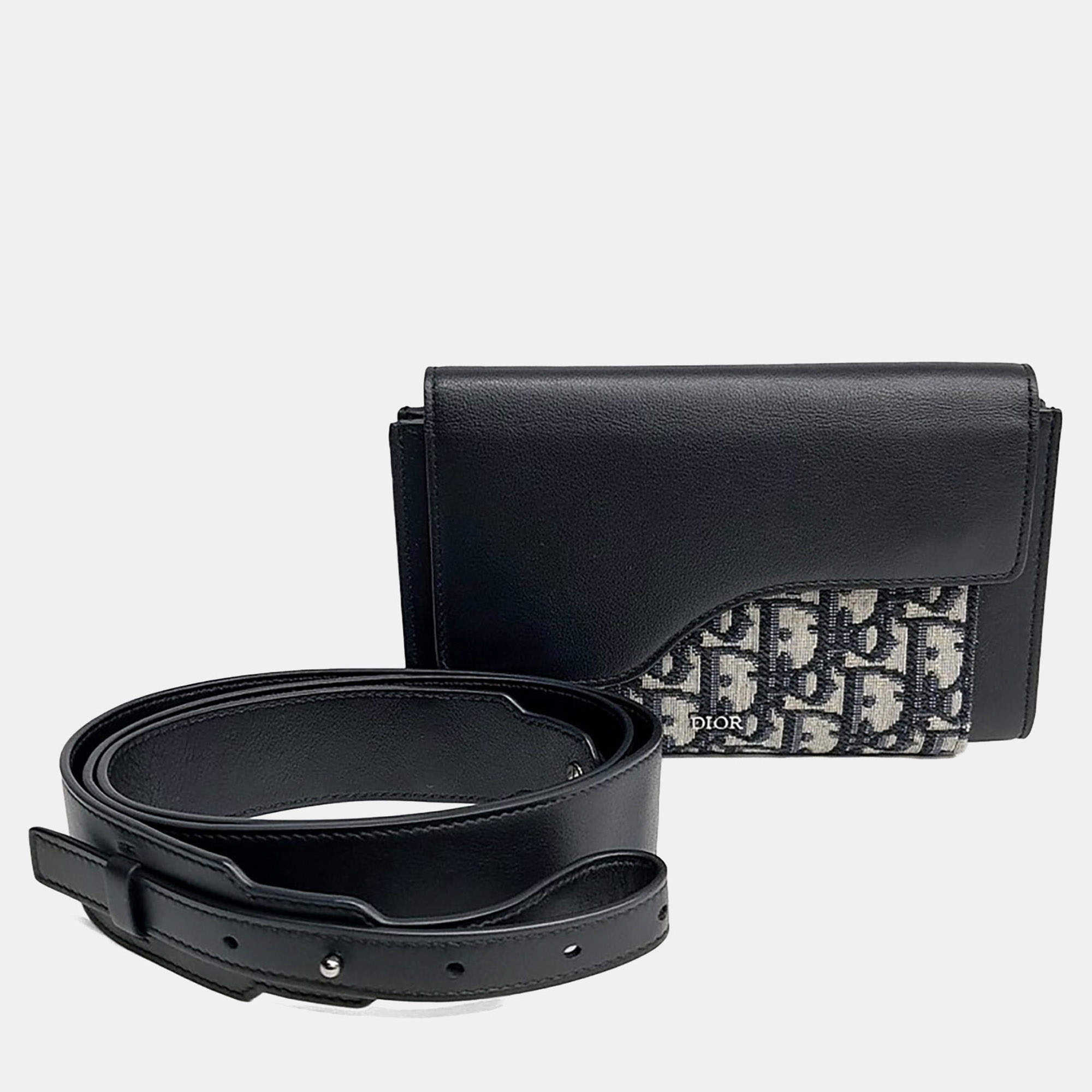 Pre Owned Dior Homme Oblique Elite Navy Blue Fabric and Leather Pouch Crossbody Bag