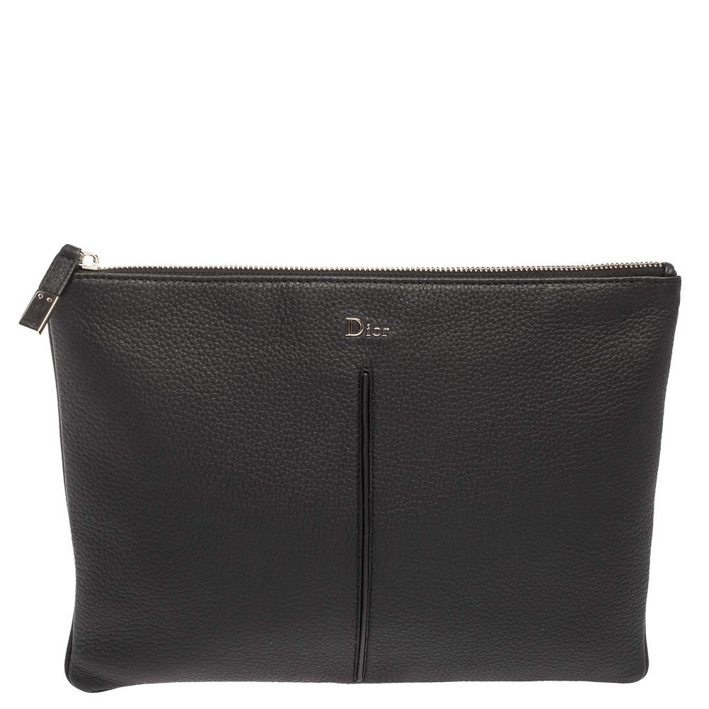 Dior Black Grained Leather Top Zip Slim Clutch