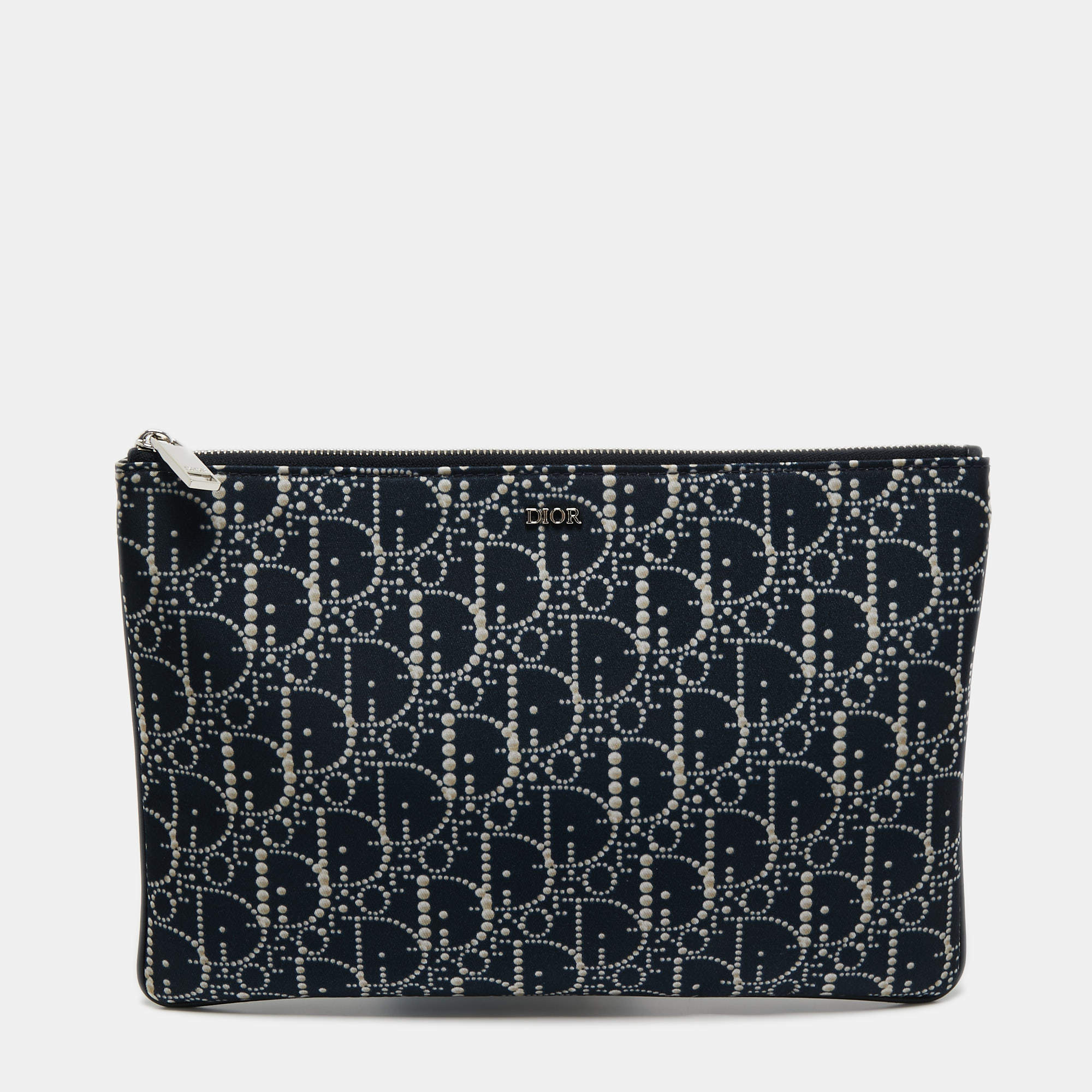 مملوكة مسبقًا Dior Blue Oblique Print Nylon and Leather Zip Pouch