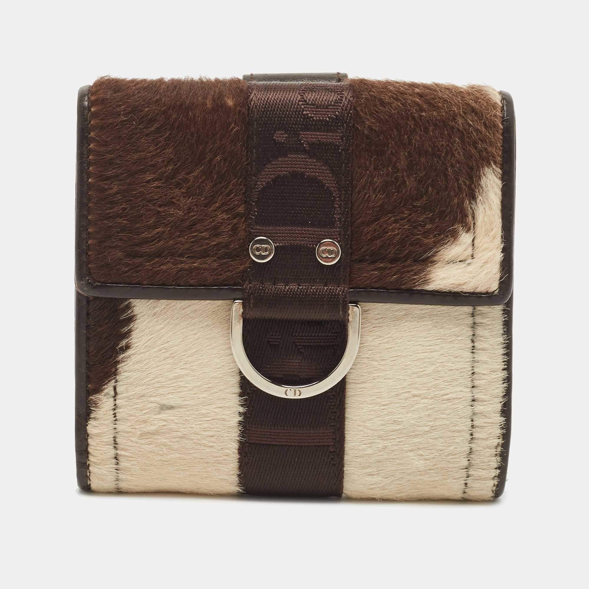 Dior Brown/Beige Calfhair and Leather D Ring Flap Compact Wallet