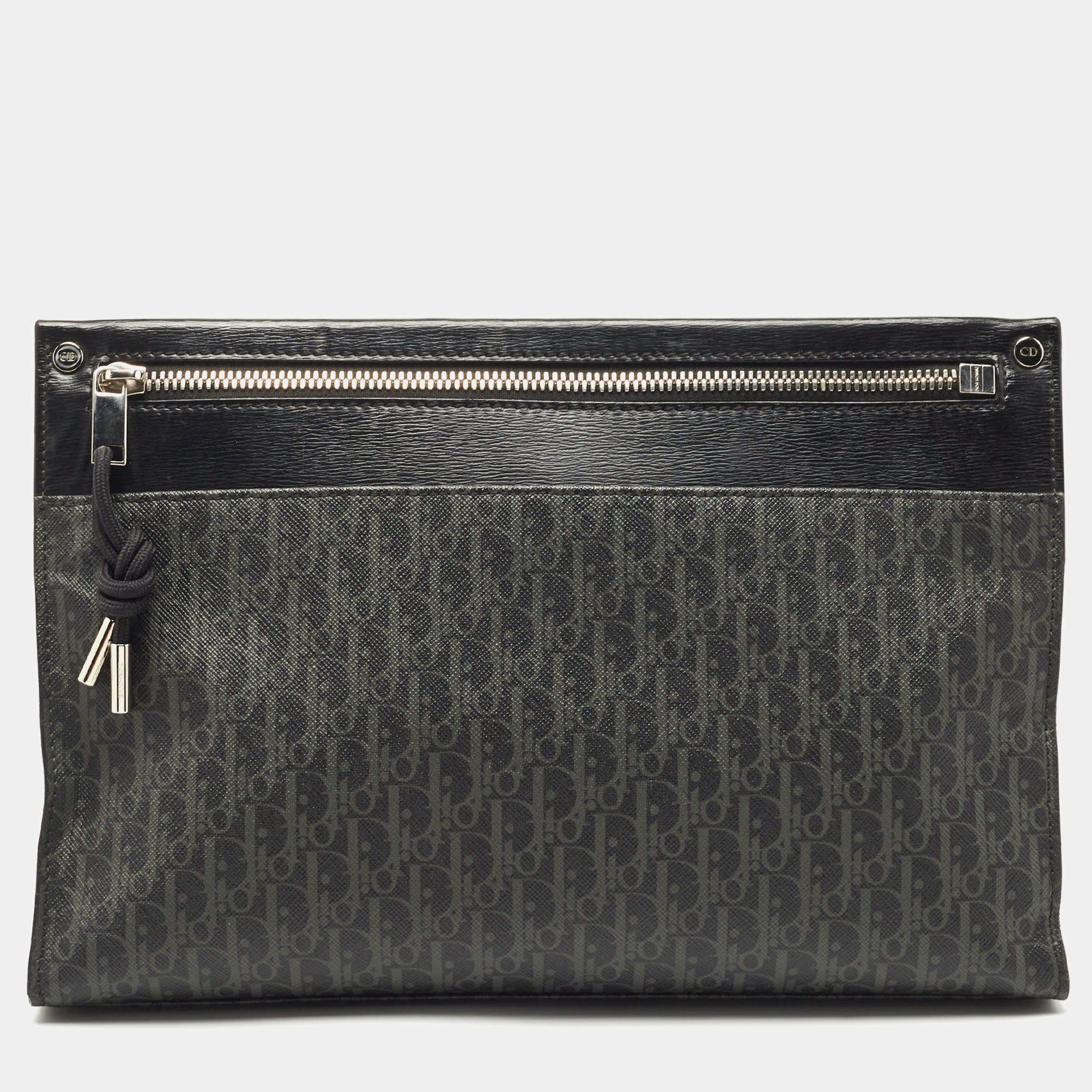 Dior Black Oblique Coated Canvas and Leather Zip Pouch