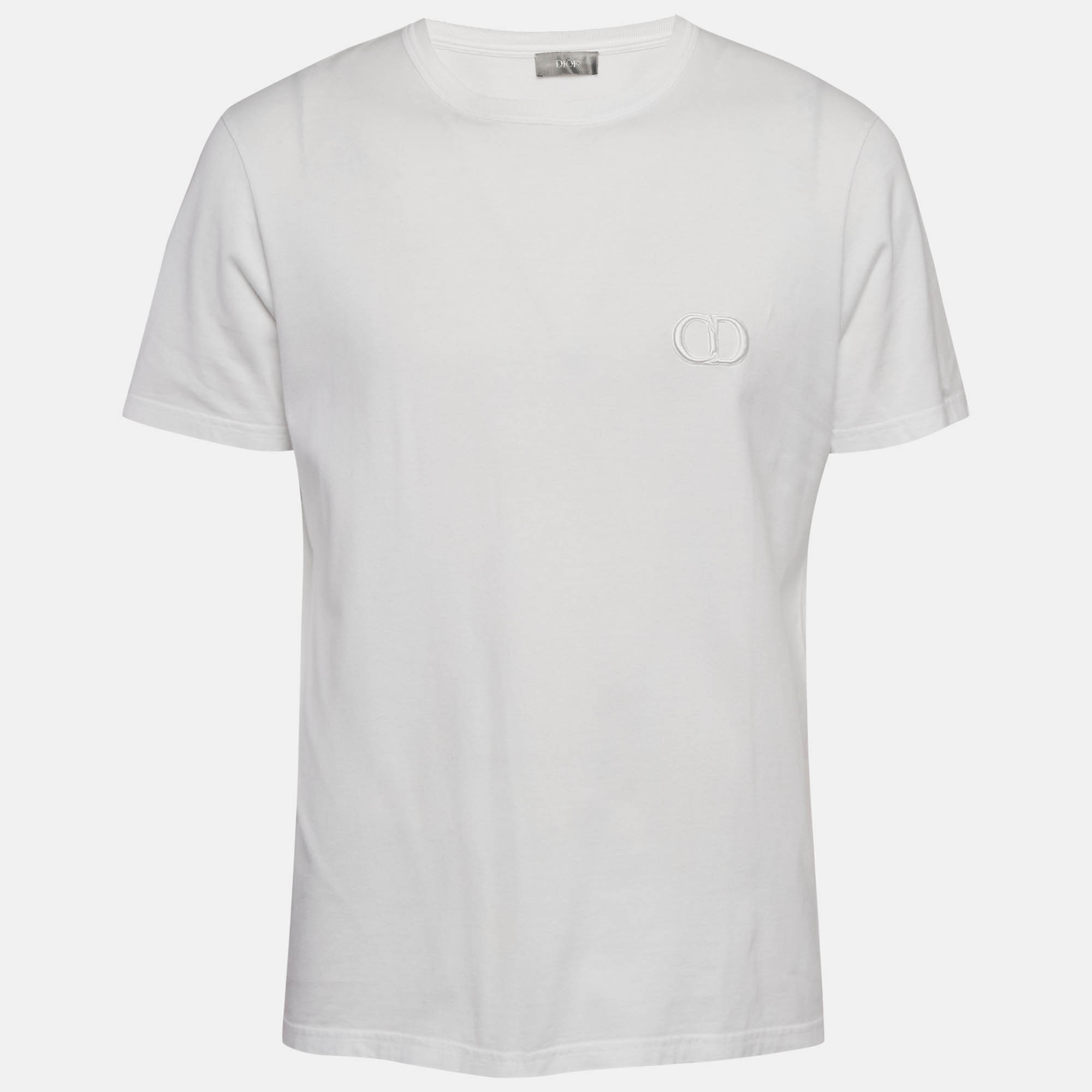 Pre Owned Dior White Logo Embroidered Cotton Half Sleeve T-Shirt XL