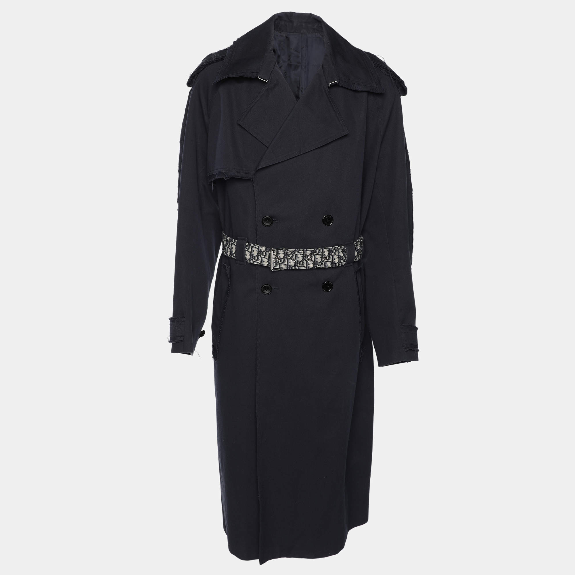 Pre Owned Dior Navy Blue Gabardine Double Breasted Belted Trench Coat L