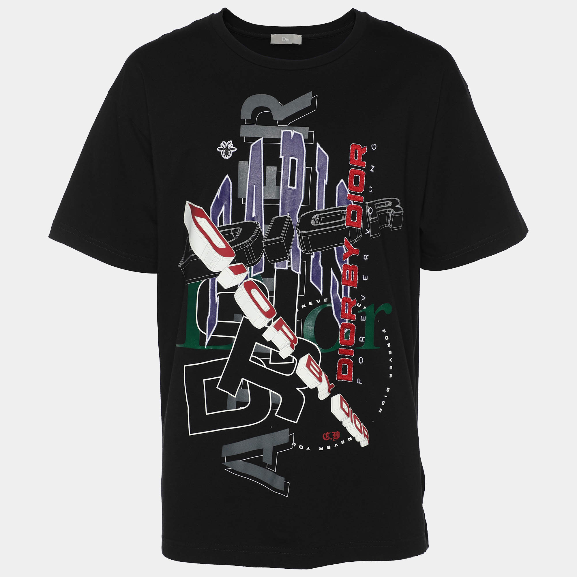 Dior Homme Black Printed & Embroidered Cotton Knit T-Shirt L