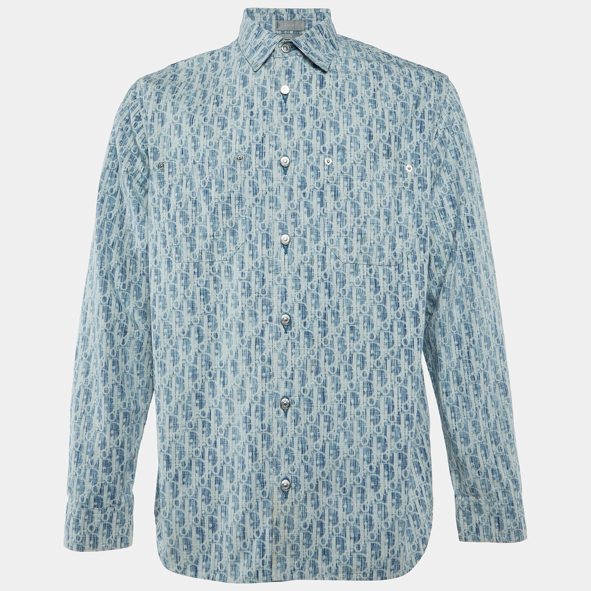 Pre Owned Dior Homme Blue Oblique Pattern Denim Button Front Shirt S
