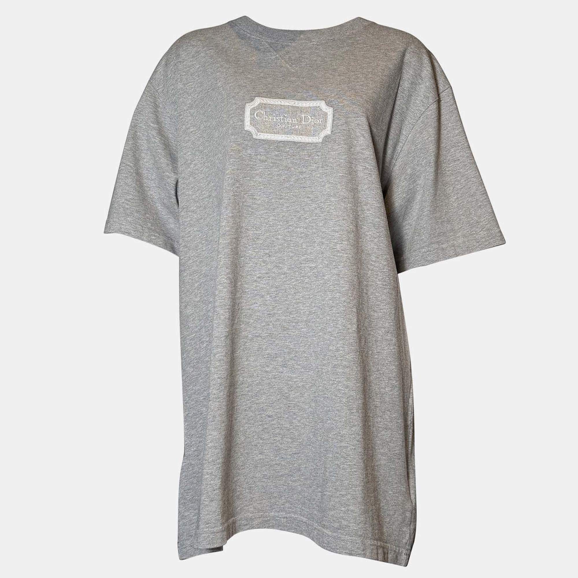 Pre Owned تي شيرت ديور كوتور تطريز رمادي مقاس كبير جدًا