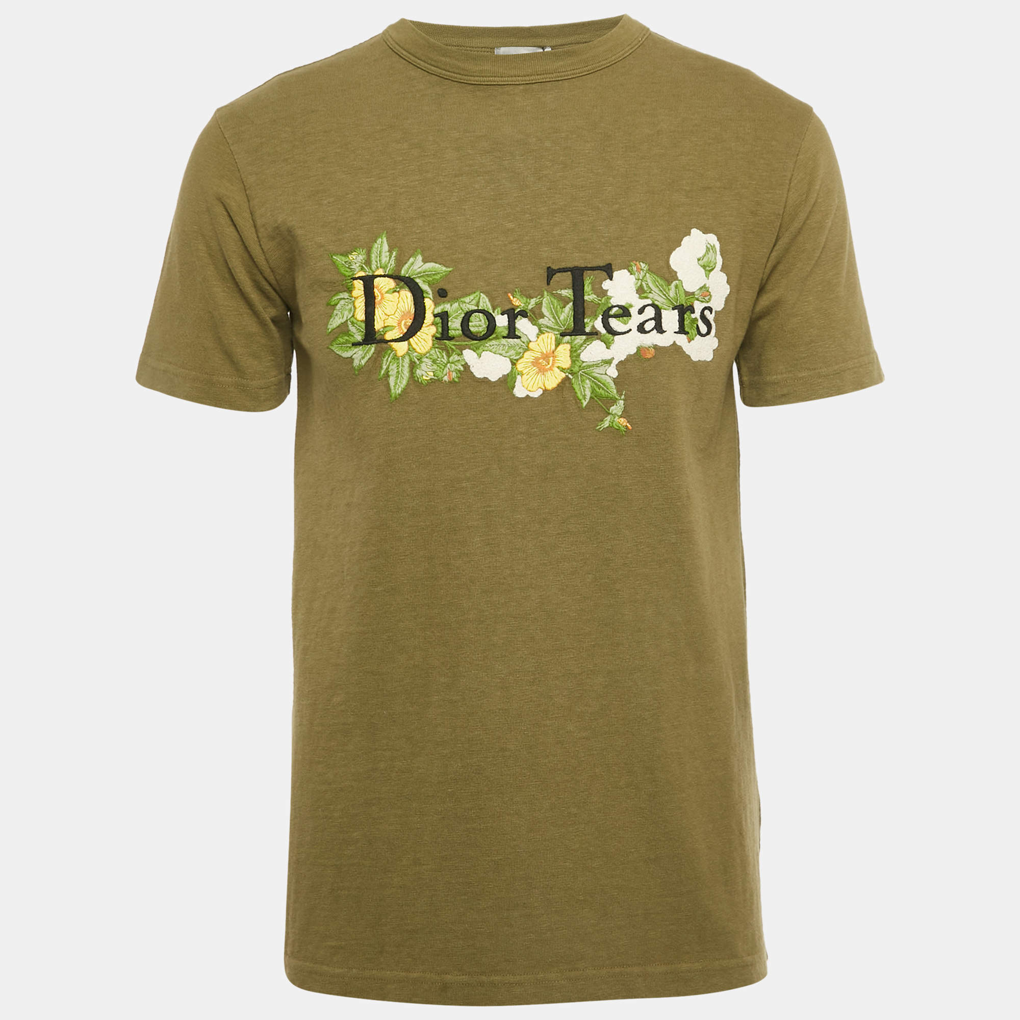 Pre Owned Dior Homme X Denim Tears Olive Green Floral Logo Embroidered Cotton T-Shirt XXS  