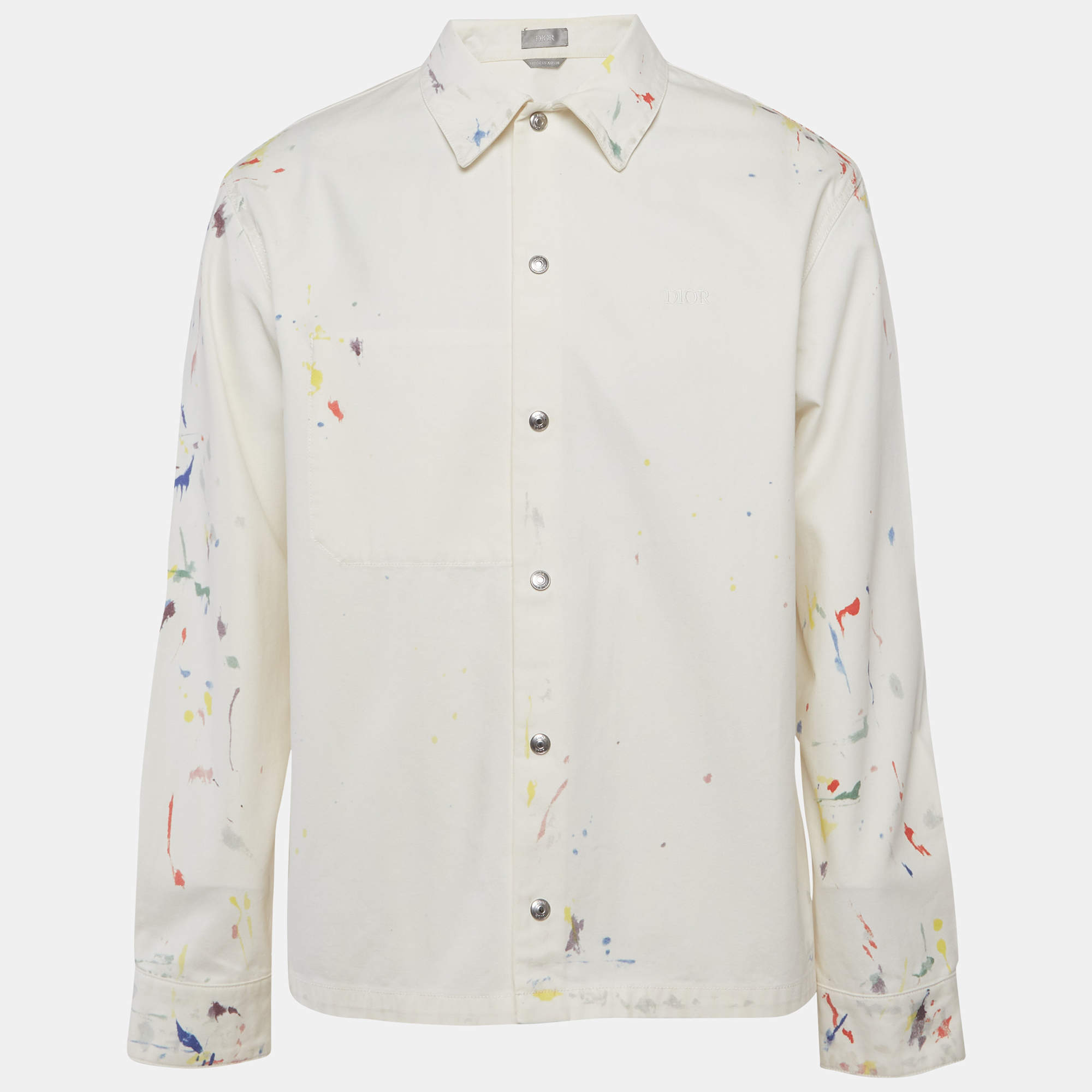 مملوكة مسبقًا Dior Homme White Paint Splatter Denim Overshirt M