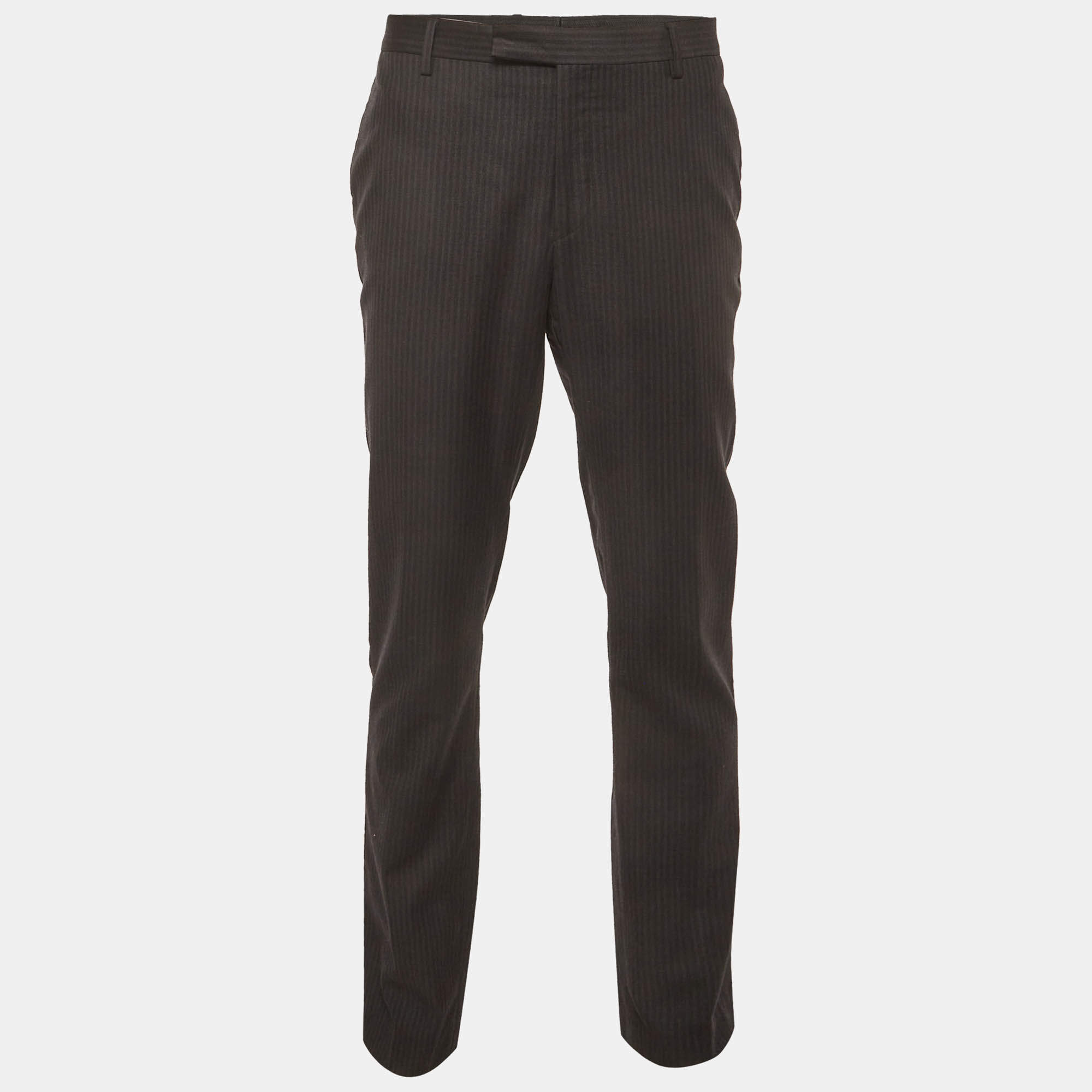 Pre Owned Dior Homme Black Striped Wool Blend Formal Trousers XXL