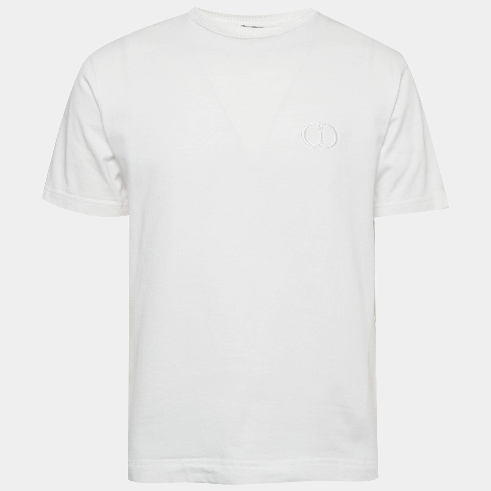 Pre Owned Dior Homme White Logo Embroidered Jersey Crew Neck T-shirt S