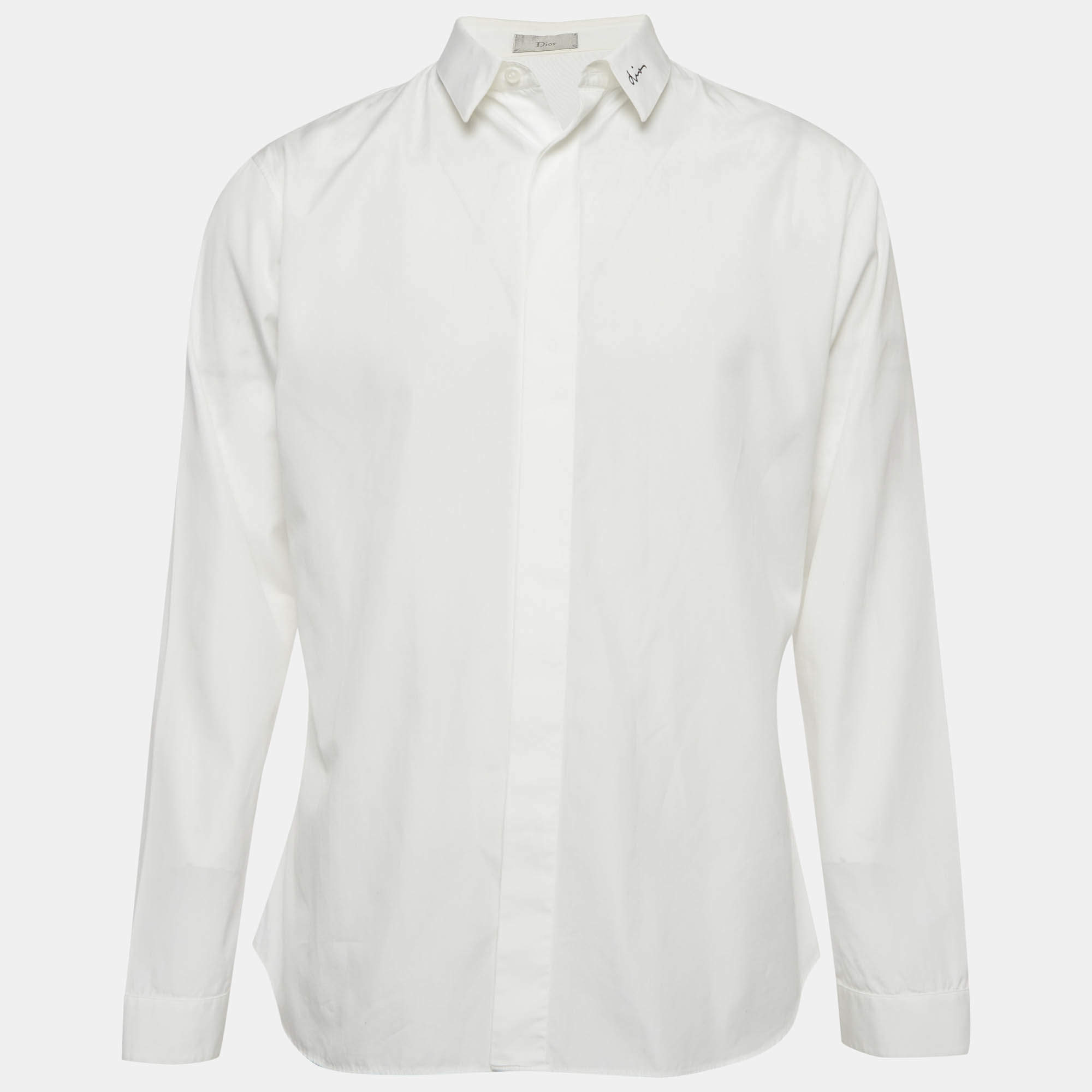 Pre Owned Dior Homme White Signature Embroidered Cotton Poplin Shirt XL