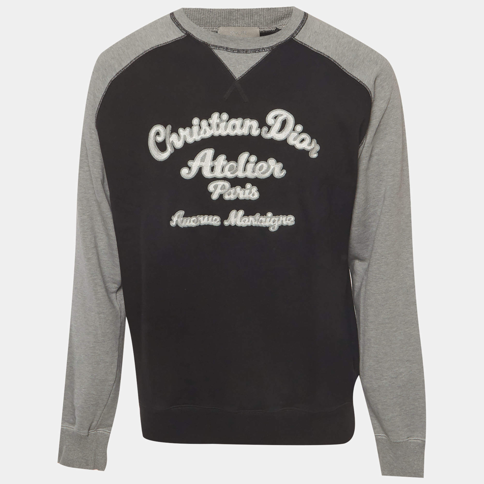 Pre Owned Christian Dior Homme Black/Grey Cotton Knit Embroidered Sweatshirt M
