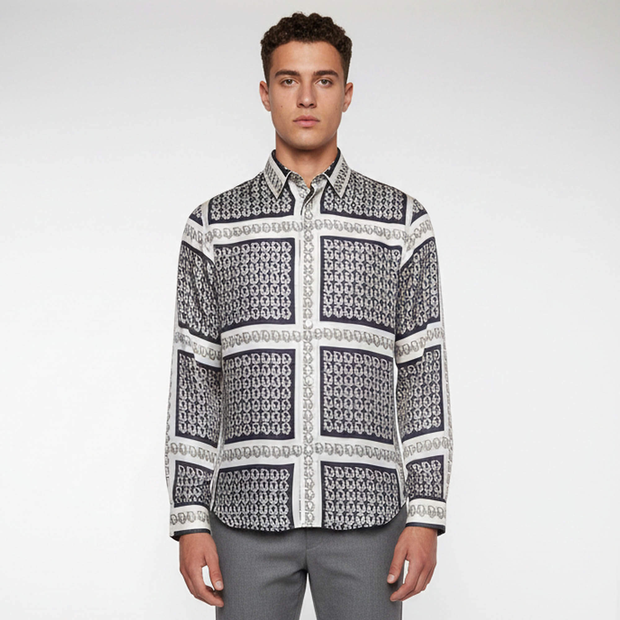 Pre Owned Dior Grey Printed Silk Long Sleeve Shirt M  