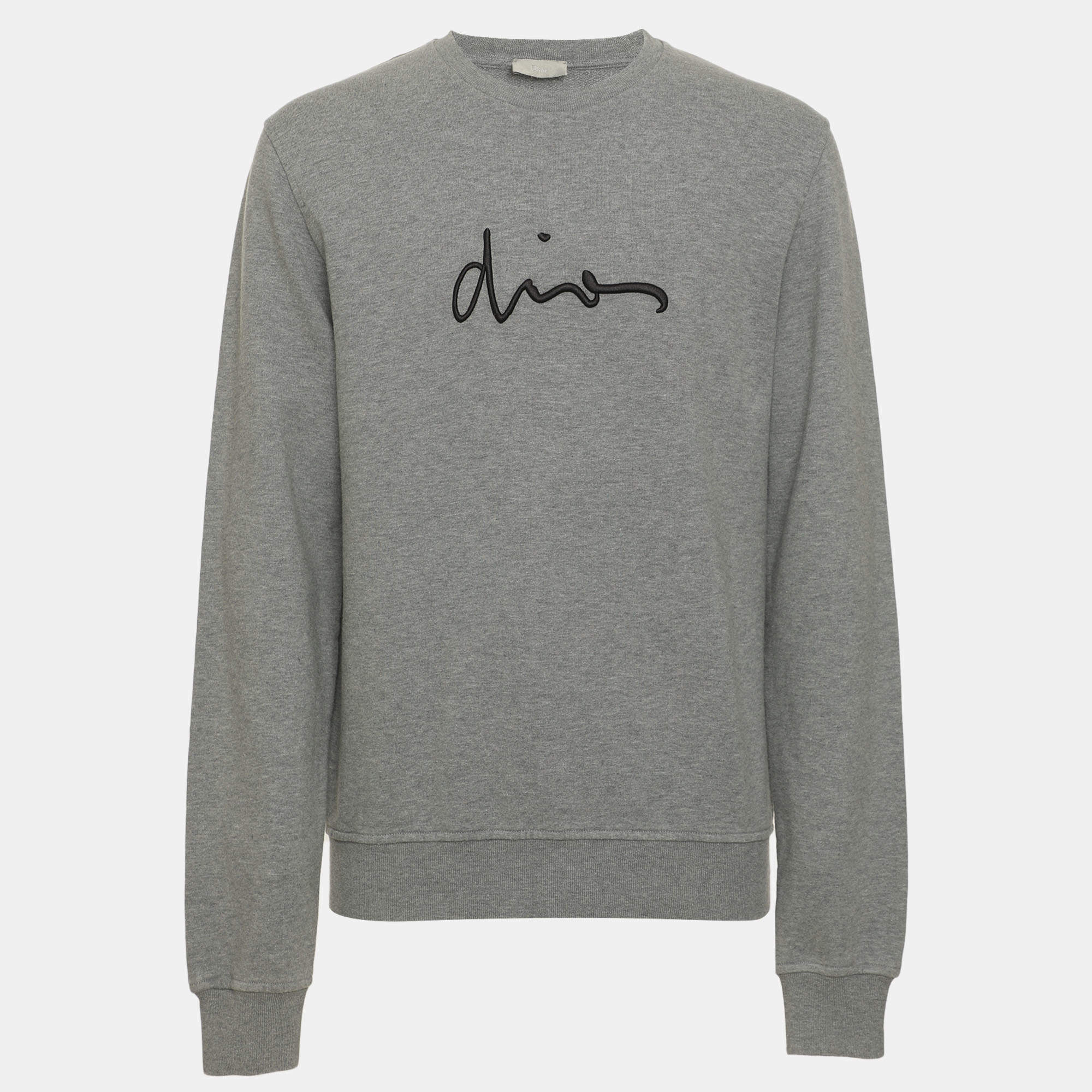 Pre Owned Dior Grey Logo Embroidered Cotton Sweater L