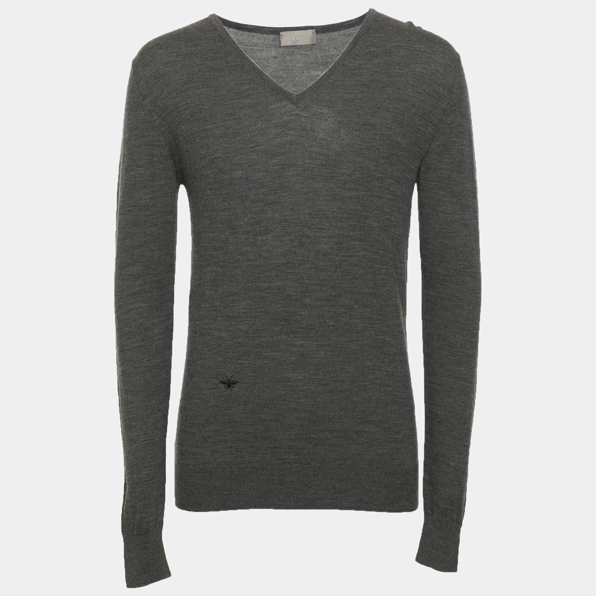 Pre Owned Dior Grey Wool Bee Embroidered V-Neck Sweater S