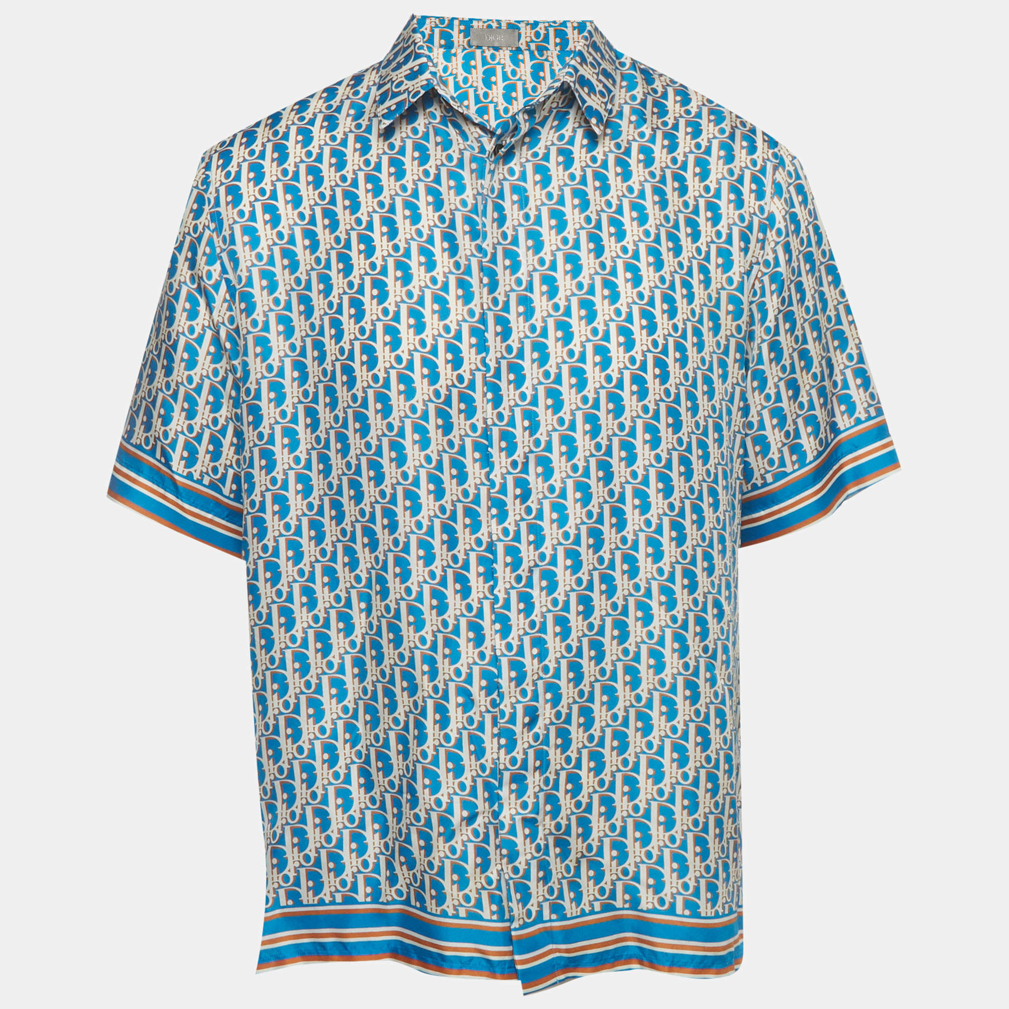 Pre Owned Dior Homme Blue Oblique Silk Short Sleeve Shirt M
