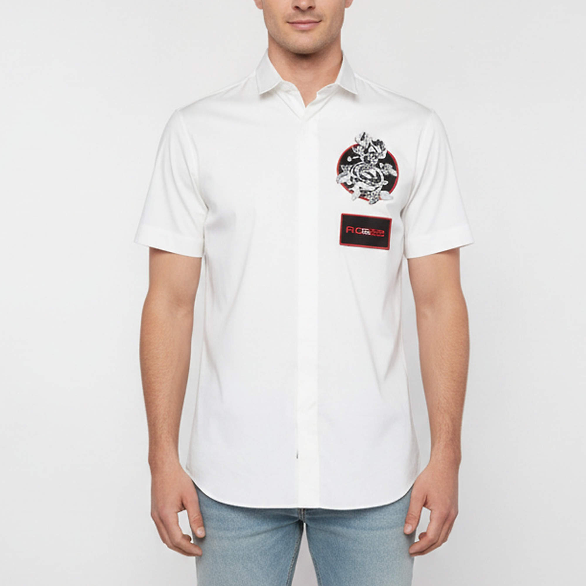 Pre Owned Christian Dior White Chest Applique Poplin Short Sleeve Shirt M