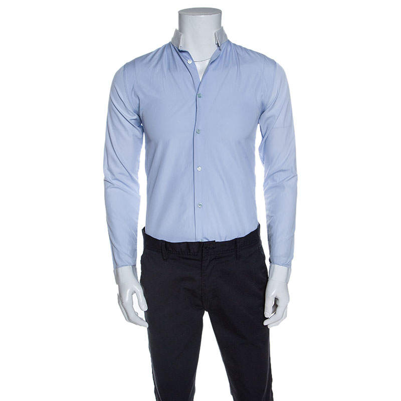 Dior Blue Cotton Contrast Mandarin Collar Button Front Shirt XS