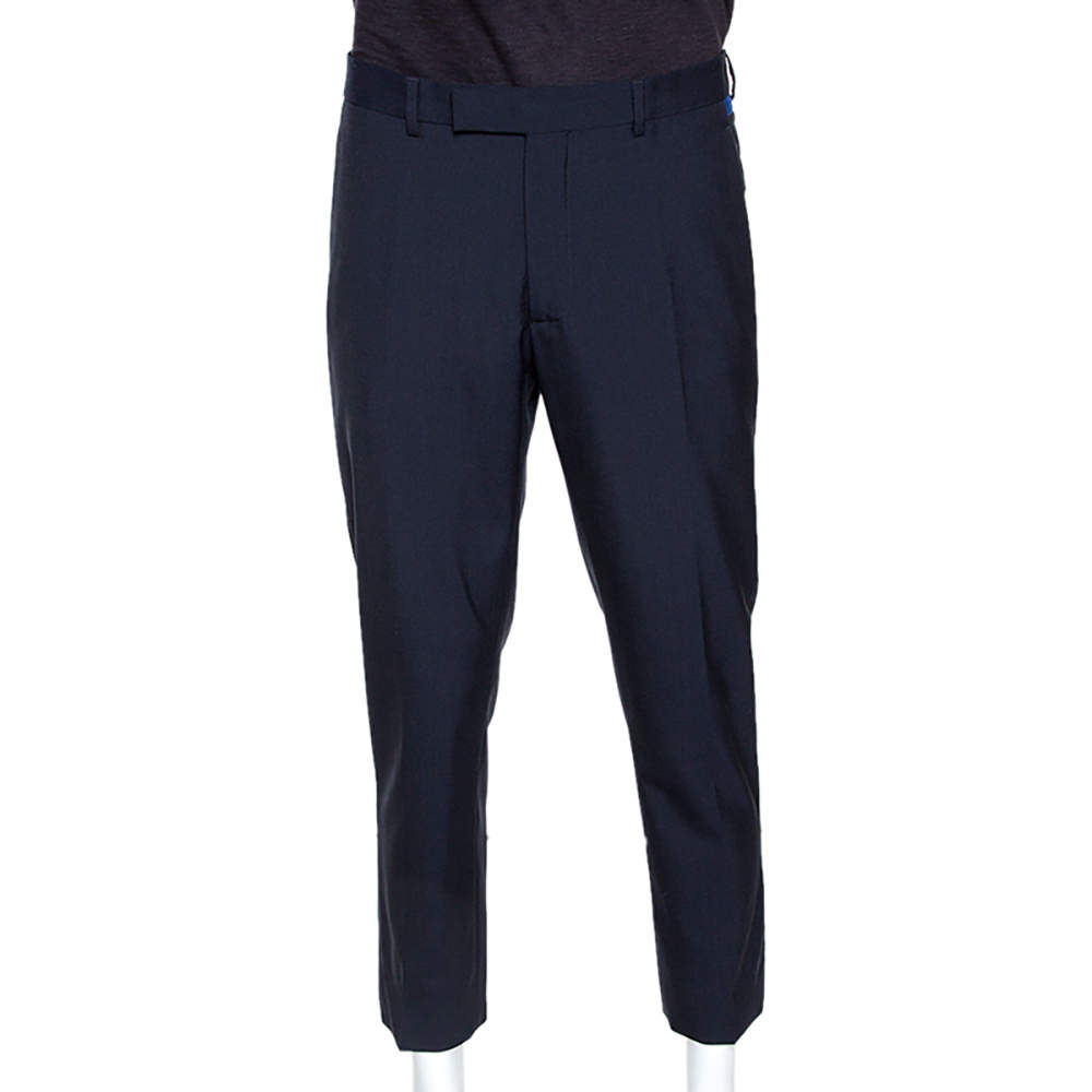 Dior Navy Blue Wool Contrast Waist Trim Trousers L