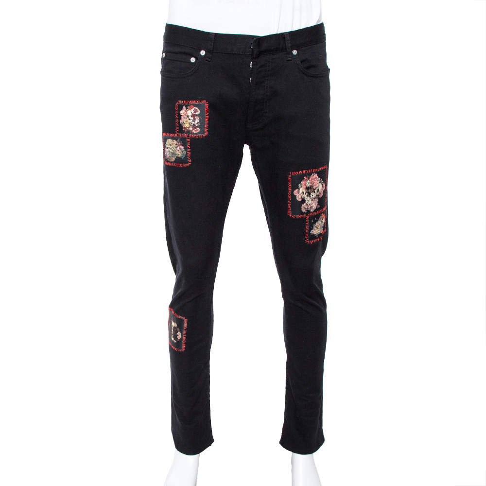 Dior Black Denim Floral Patch Appliqued Tapered Jeans M