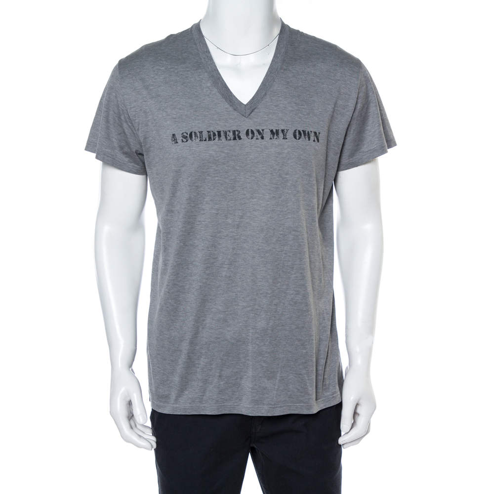 Dior Grey Printed Cotton V Neck T-Shirt L