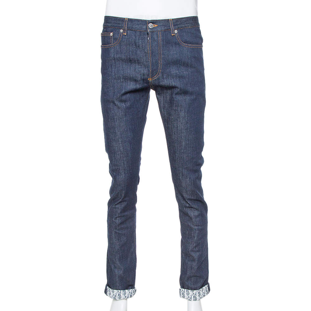 Dior Homme Navy Blue Denim Oblique Print Detail Slim Fit Jeans M