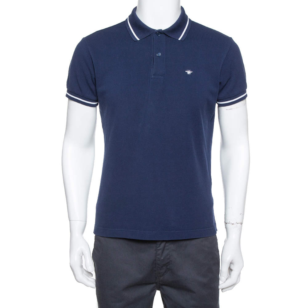 Pre Owned Dior Homme Navy Blue Cotton Pique Striped Collar Polo T-Shirt L
