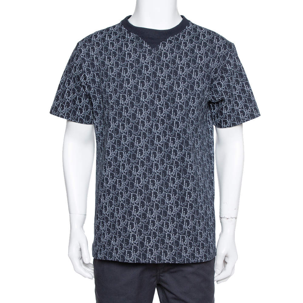 Dior Navy Blue Cotton Oblique Motif Print Crewneck T-Shirt M
