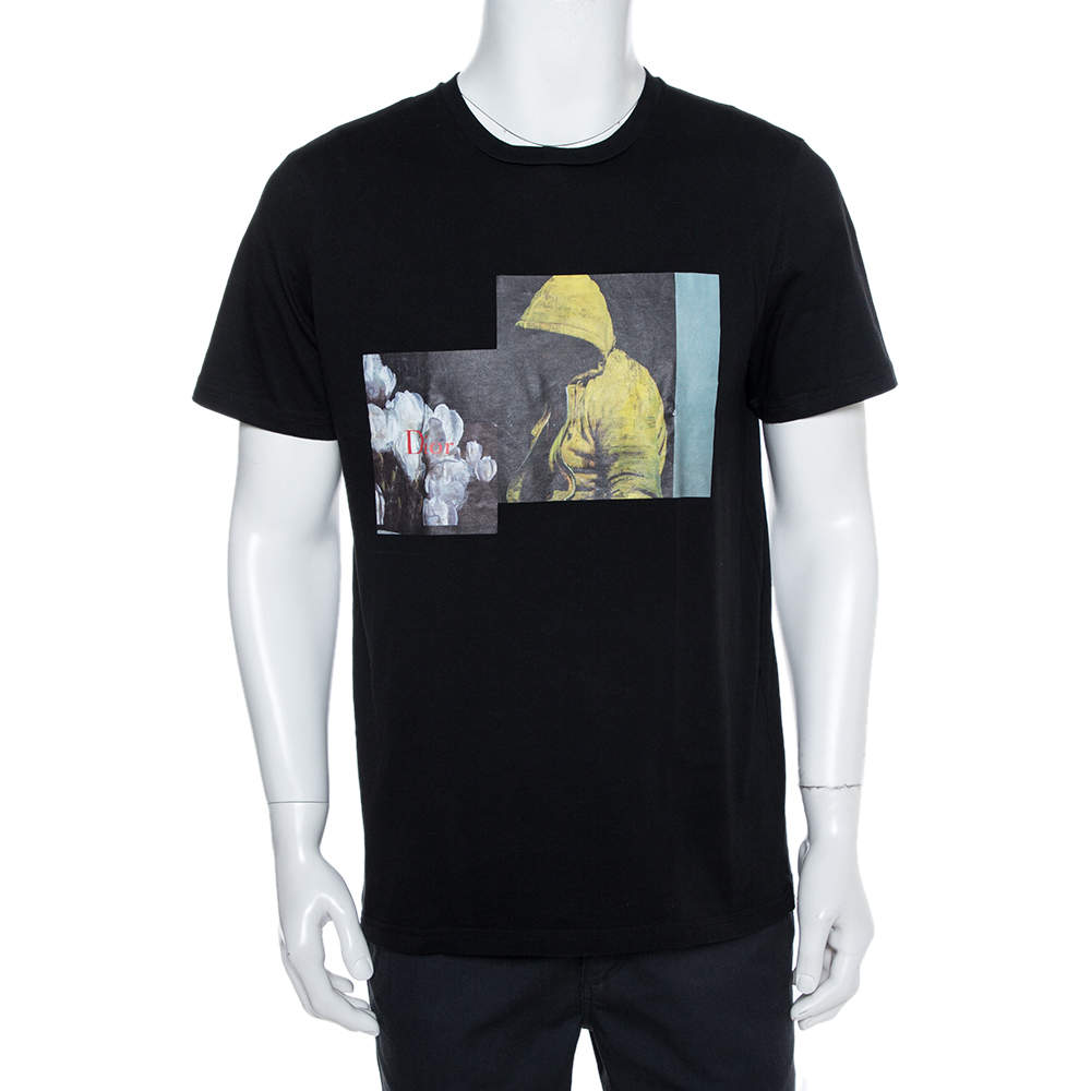 مملوكة مسبقًا Dior Homme Black Cotton Graphic Print Crewneck T-Shirt L