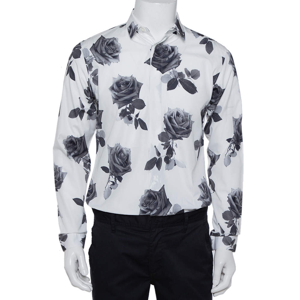 Dior Homme White Rose Printed Cotton Button Front Shirt M