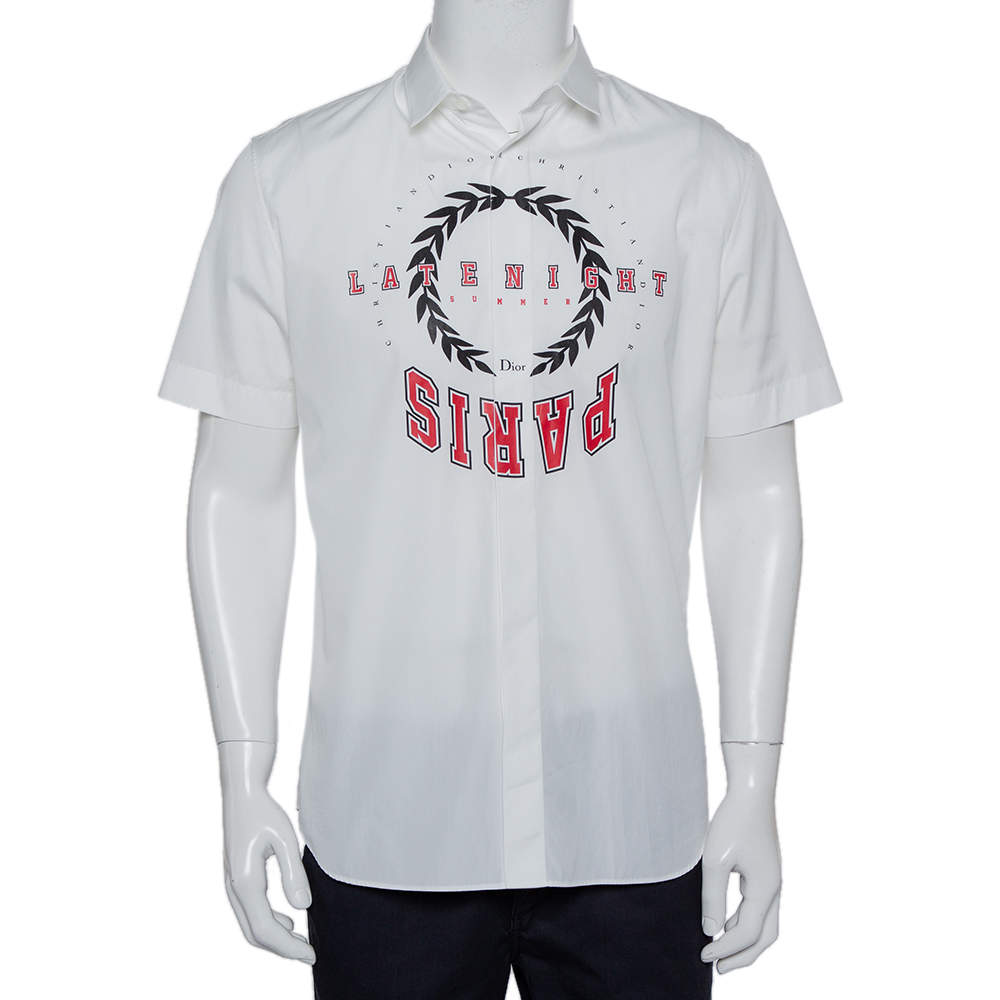 Pre Owned Dior White Red and Black Logo Print Cotton Short Sleeve Shirt L