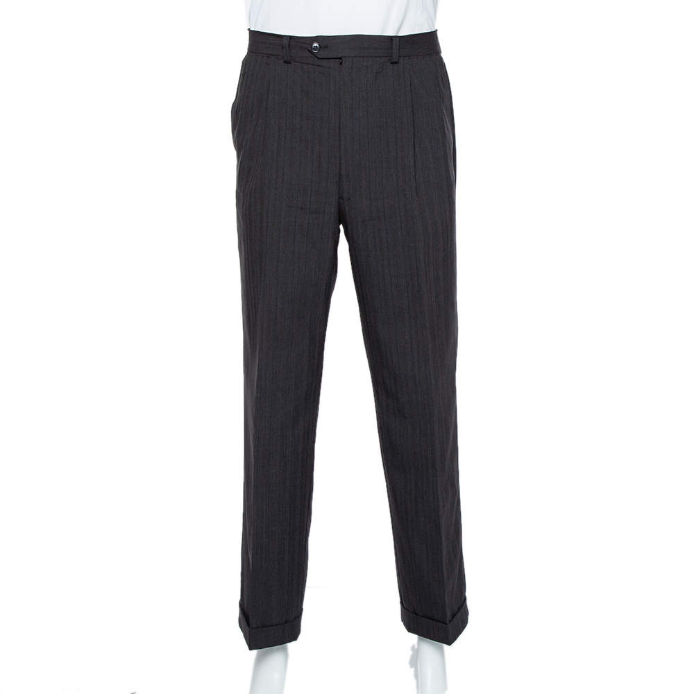 Christian Dior Vintage Charcoal Grey Striped Wool Straight Leg Trousers L