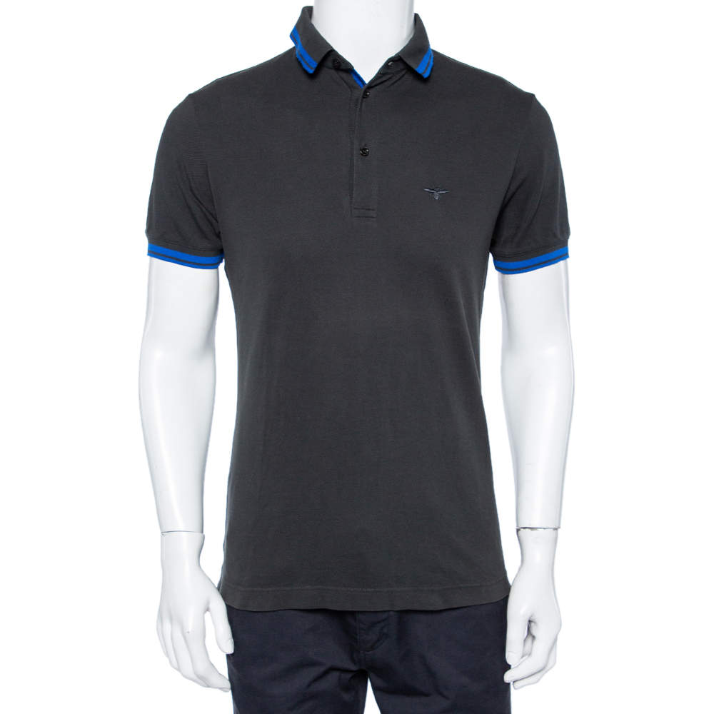 Pre Owned Dior Grey Bee Embroidered Cotton Pique Polo T-Shirt M