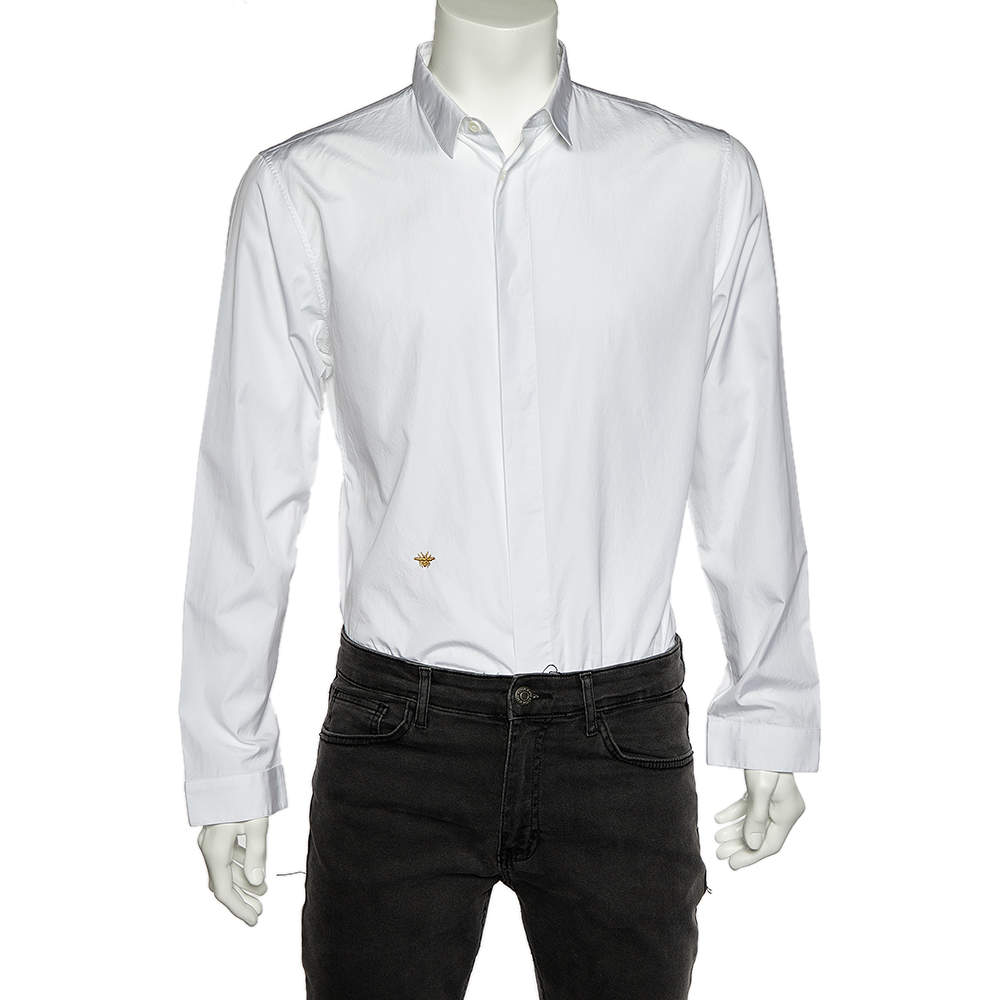 Pre Owned Dior Homme White Cotton Bee Embroidery Detail Button Front Shirt L 