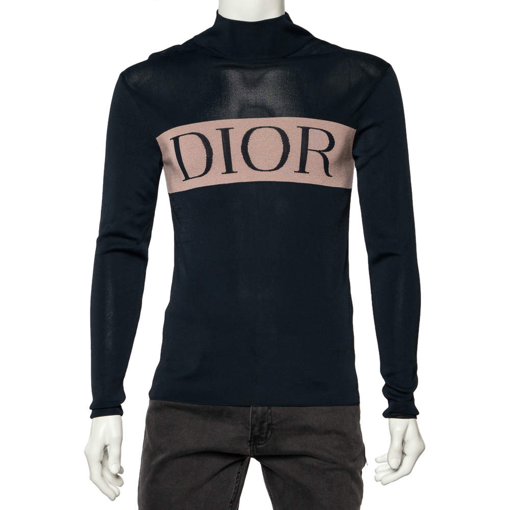 Pre Owned Dior Homme Navy Blue Knit Cashmere Logo Intrasia Knit Trim High Neck Sweater XS