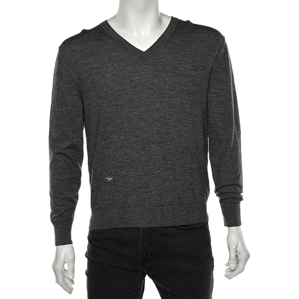 Pre Owned Dior Homme Grey Wool Knit V-Neck Sweater L