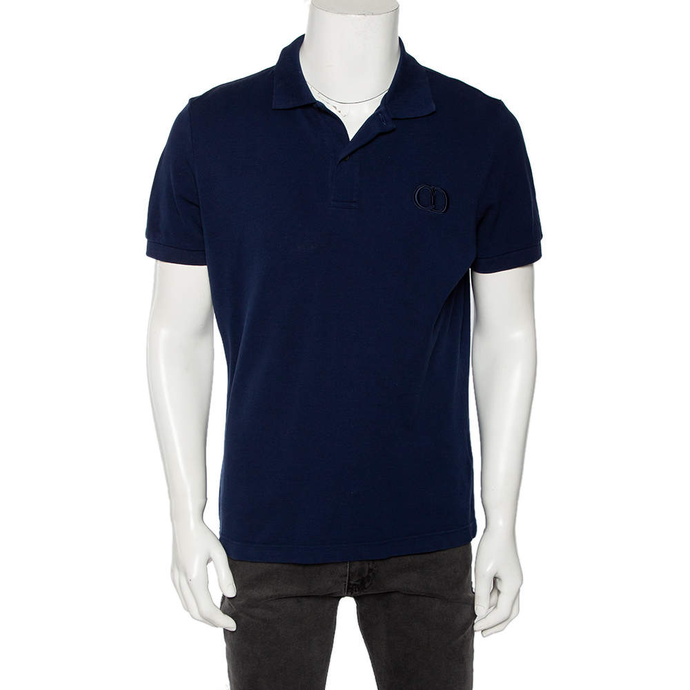 Pre Owned Dior Homme Navy Blue Cotton Pique Logo Embroidered Fitted Polo T-Shirt L