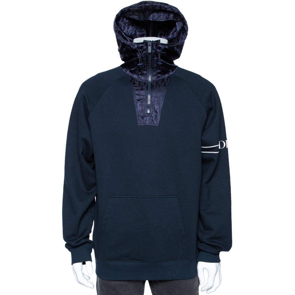 Dior Homme Navy Blue Cotton Knit Oblique Pattern Trim Detail Hooded Sweatshirt L