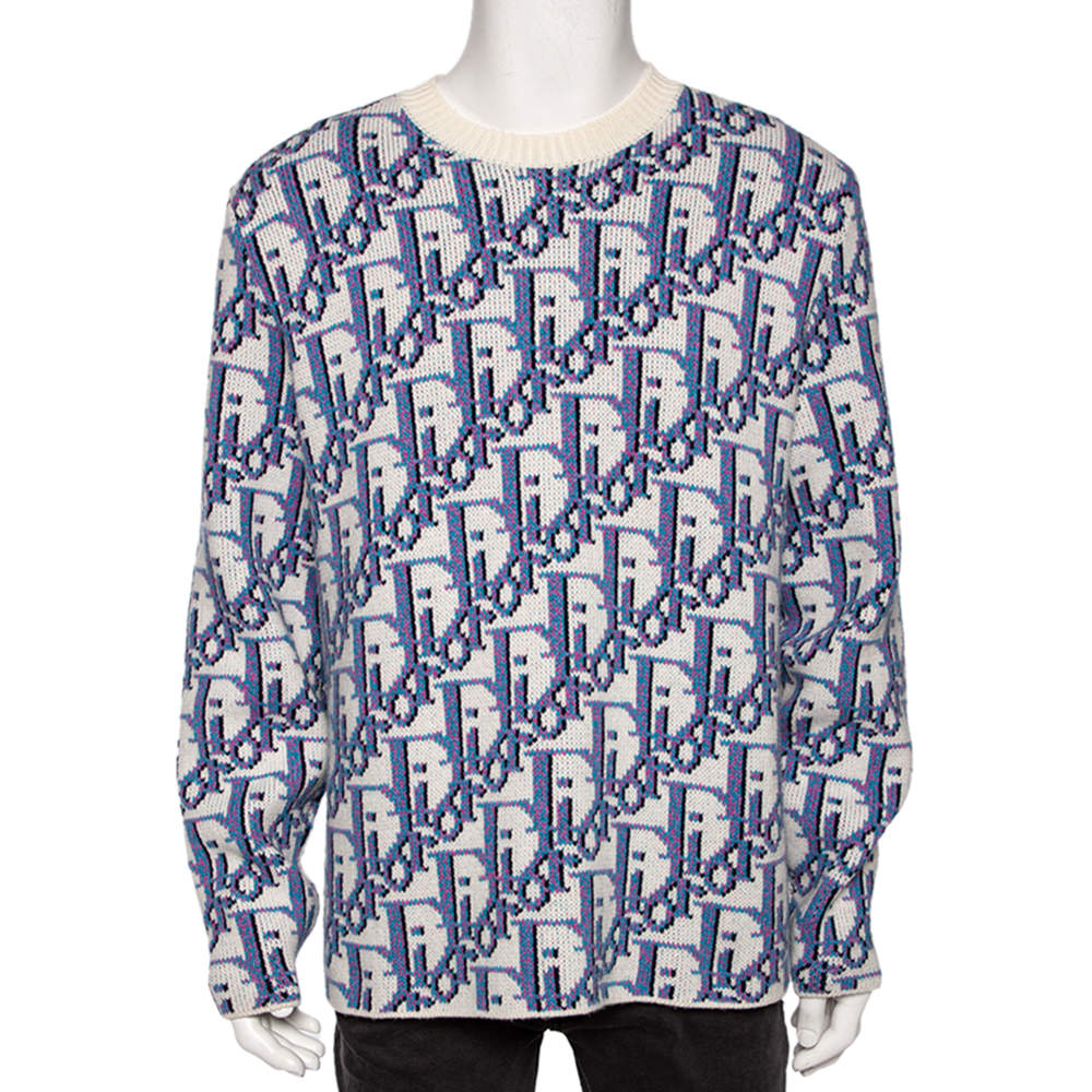 Pre Owned Dior Multicolored Oblique Jacquard Intarsia Knit Pullover L