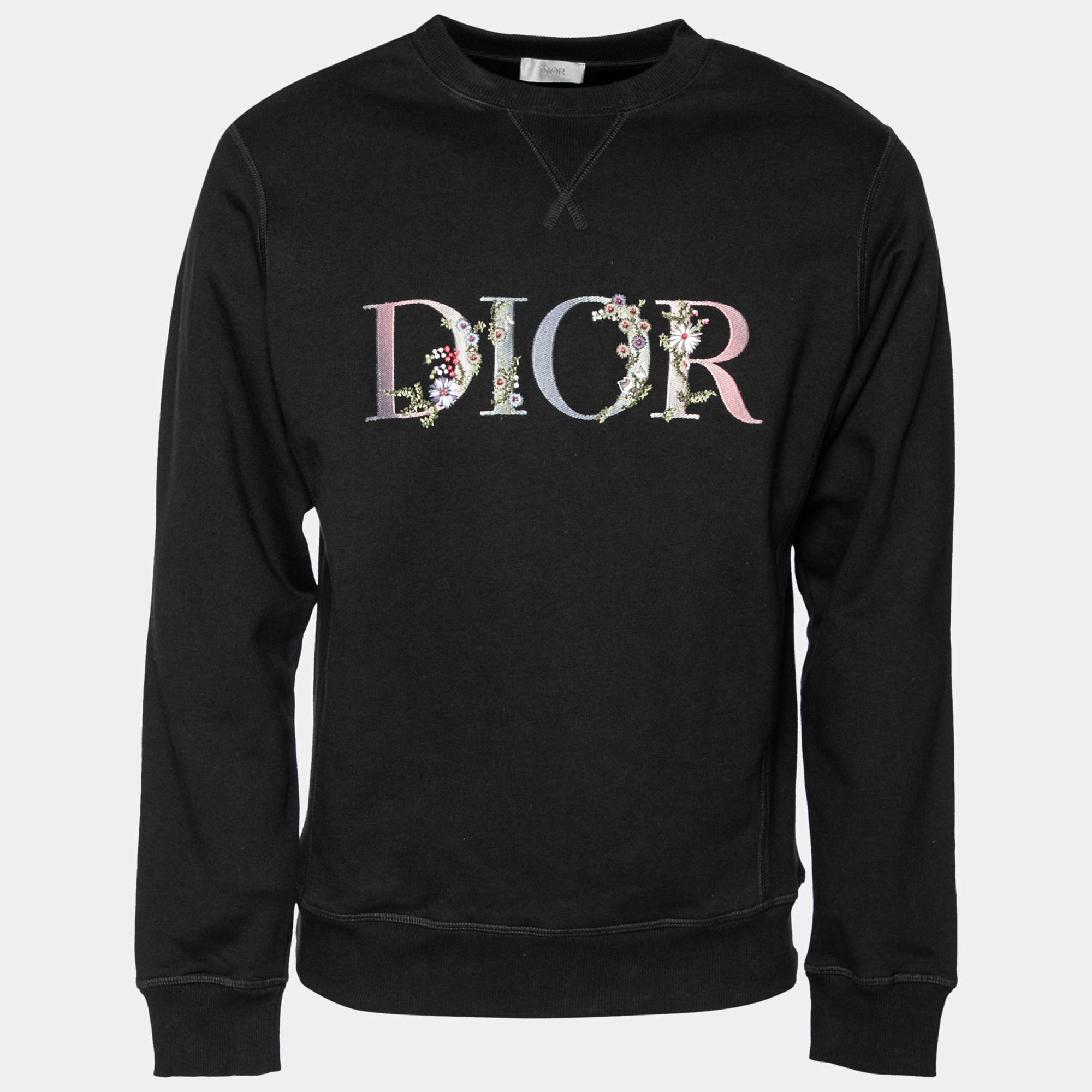 Dior Black Floral Logo Printed Cotton Crewneck Sweatshirt XS