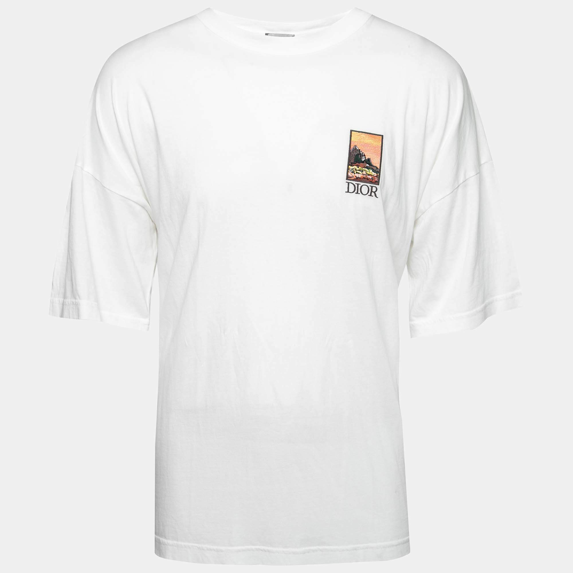 Dior White Mount Zion Graphic Print Cotton Crew Neck T-Shirt L