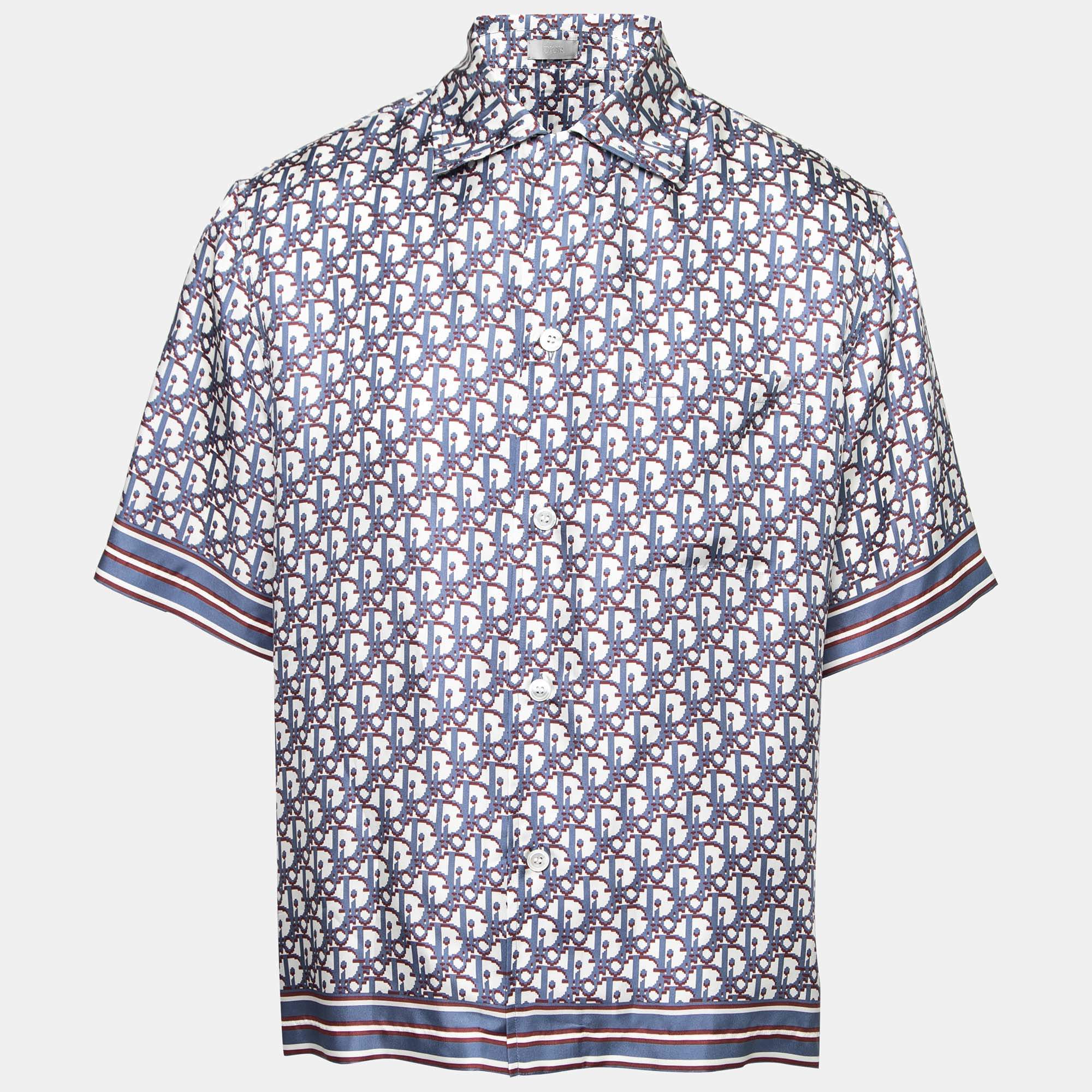 Dior Blue Oblique Pixel Printed Silk Short Sleeve Shirt XL